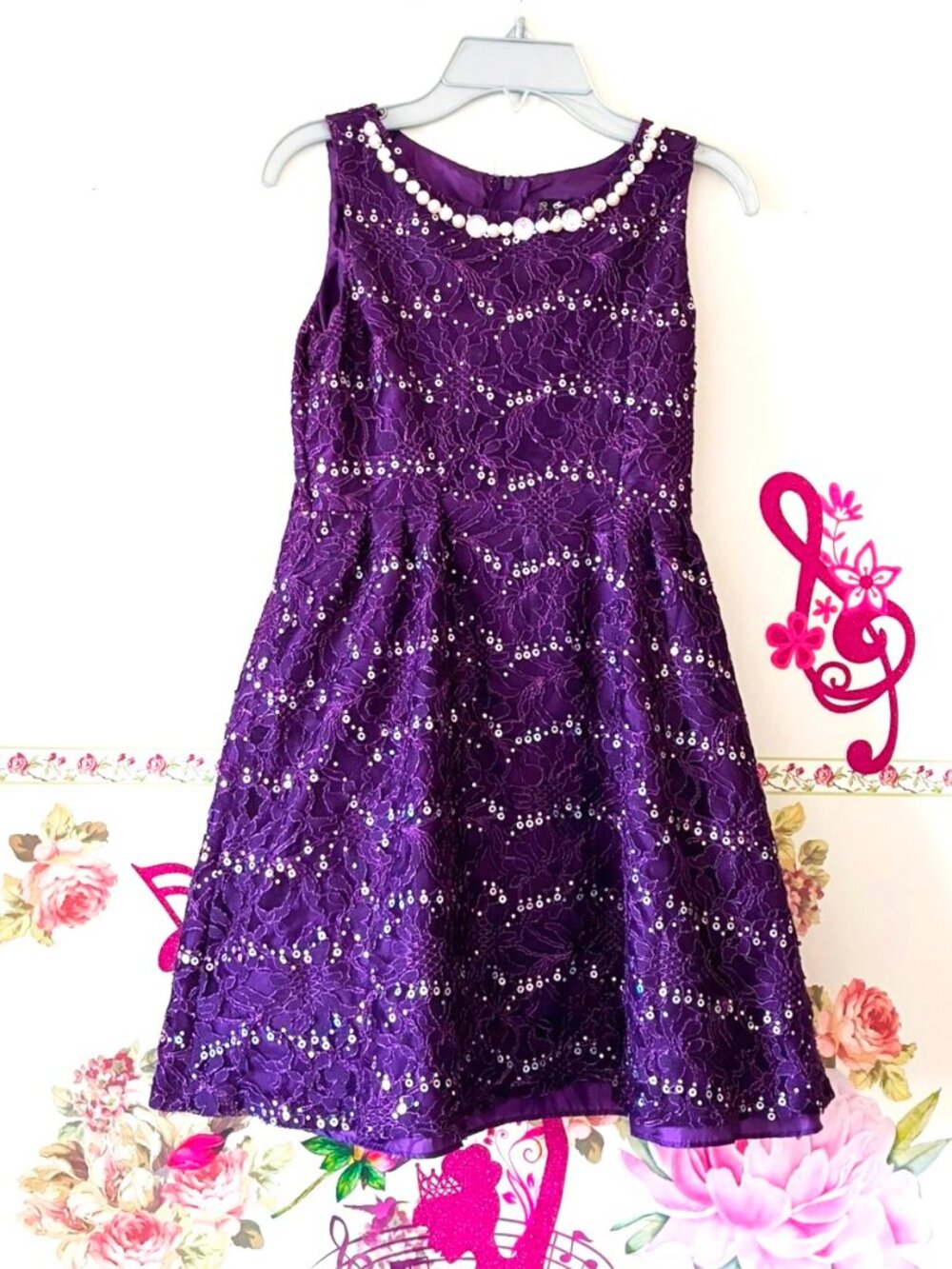 Sequin Hearts Girls Sequined Lace Purple Flared Dress 10